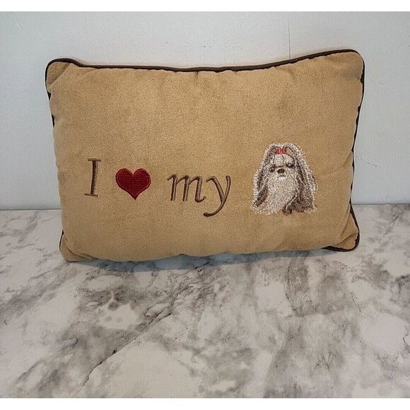 Pet Lovers Owners I LOVE MY SHIH TZU PILLOW 10.5" X 7" TAN AND DARK BROWN - Picture 1 of 2